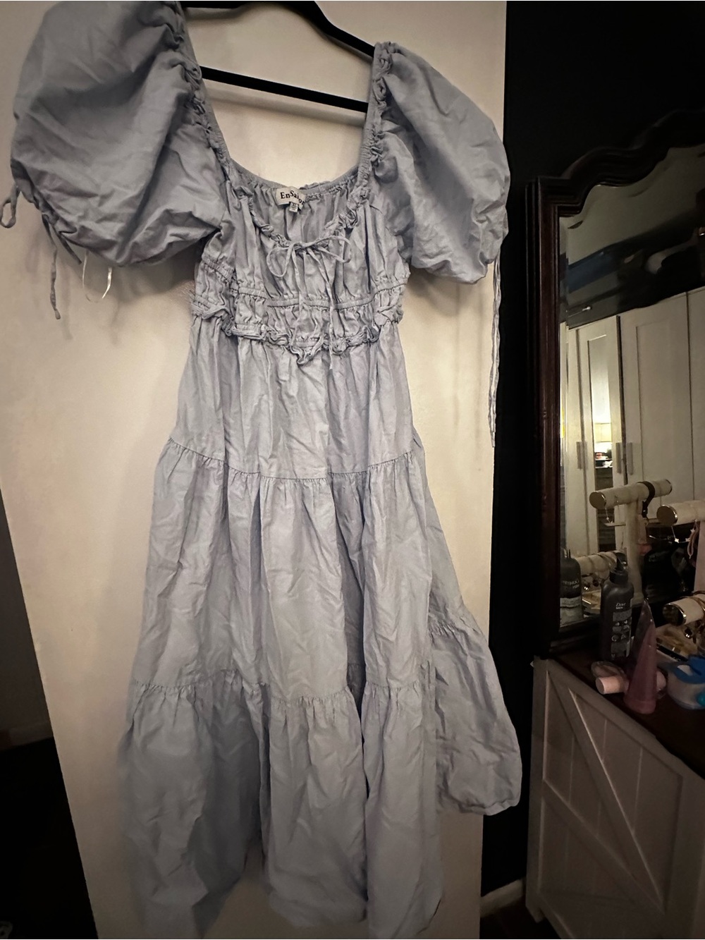 En Saison Light Blue Puff Sleeve Tiered Midi Dress